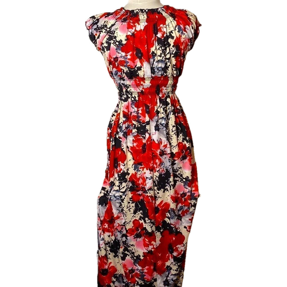 🌷 Impress🌷 Long Red, White, & Black Floral Print Maxi Dress - Picture 14 of 16